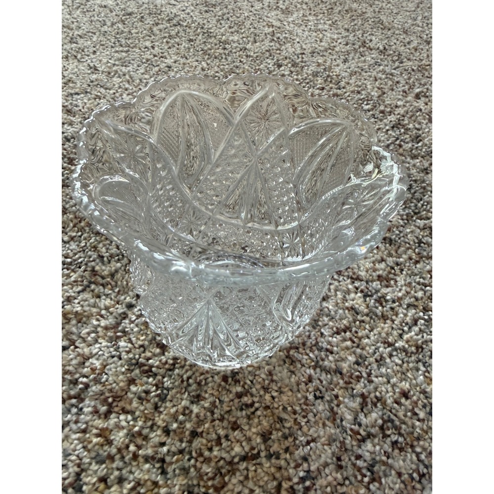 Vintage Clear Pressed Glass Vase Scalloped Rim Diamond Starburst Footed 6 inch